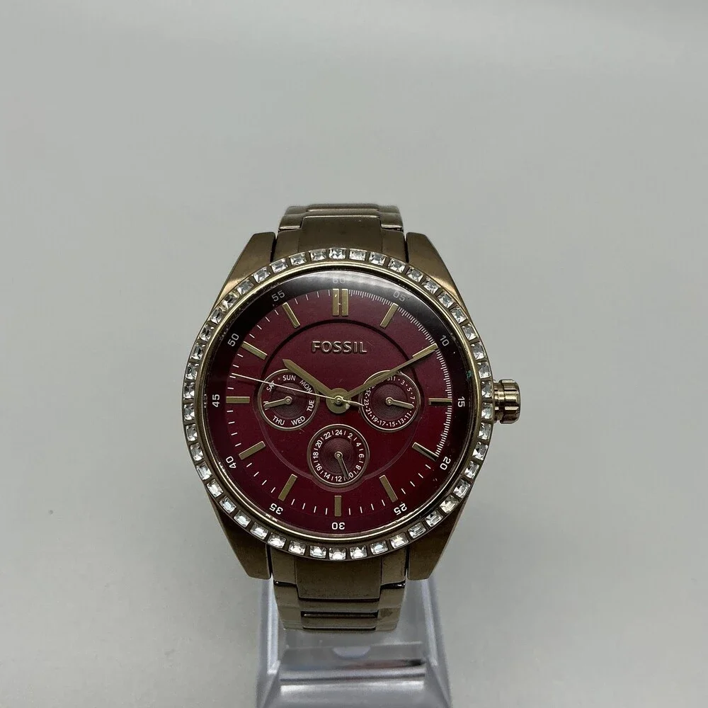 Fossil Riley BQ3040 Womens Watch 40mm Red Dial Gold Tone New Battery 6.5